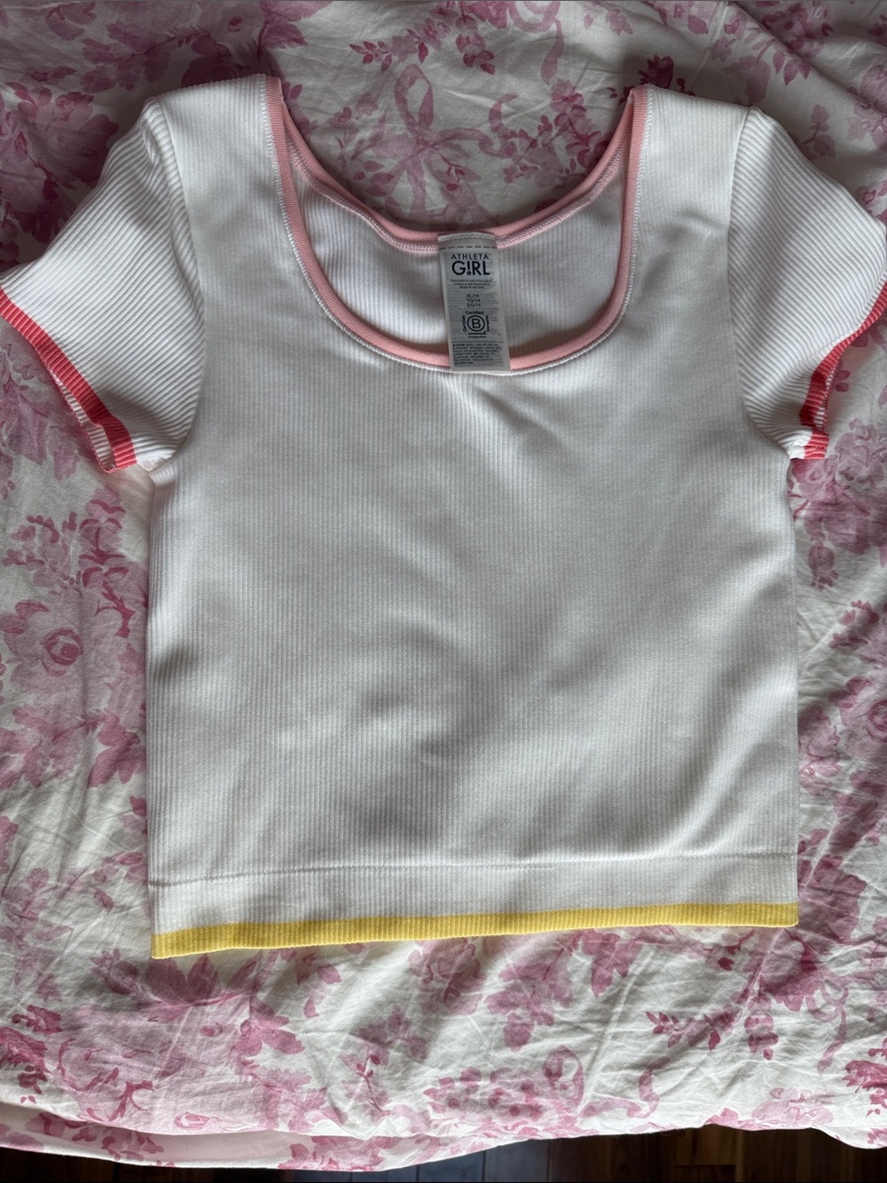 Athleta White Ribbed Crop Tee with Pink Trim and Yellow Hem
